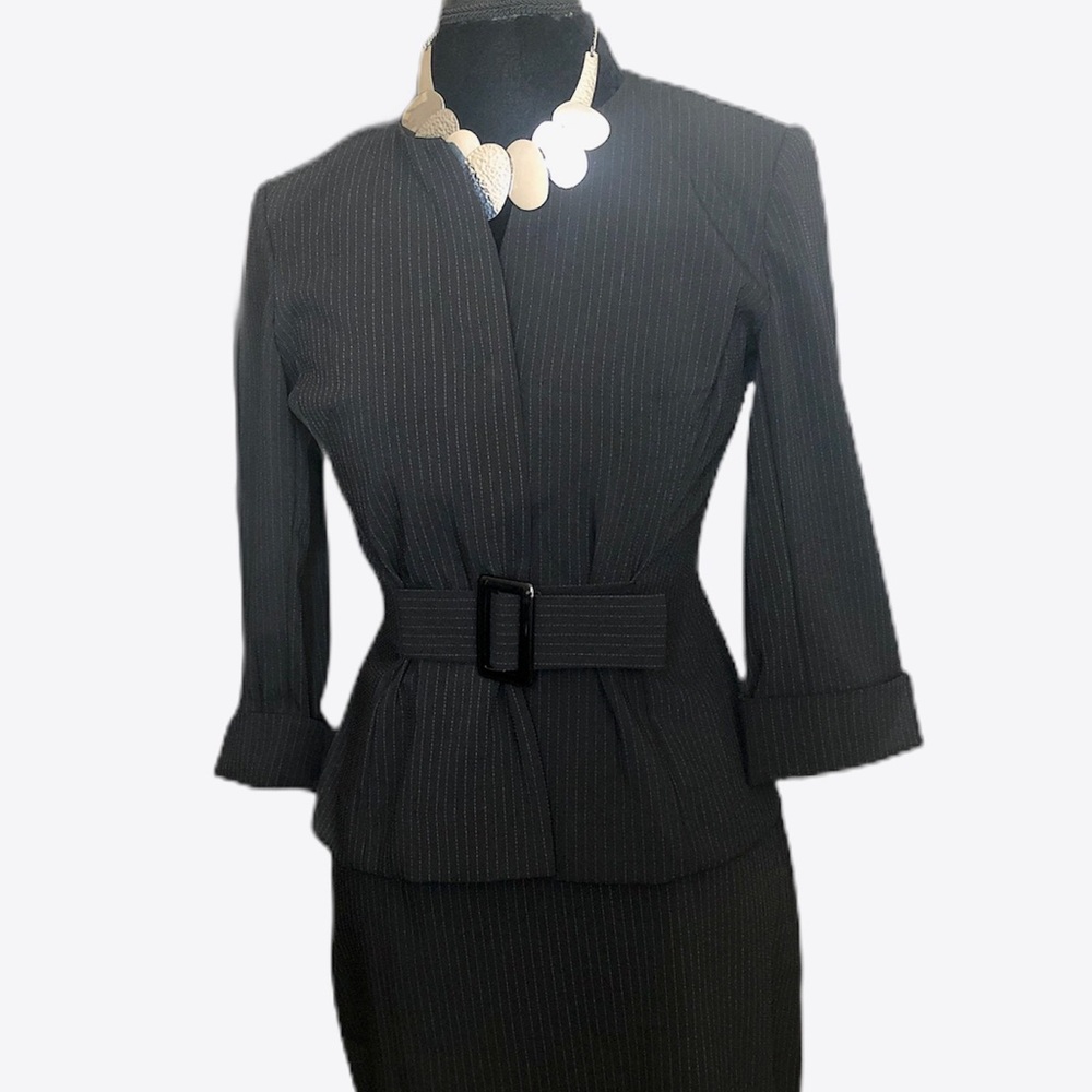 T. Milano 2pc Pinstriped Pleated Skirt Black Suit
